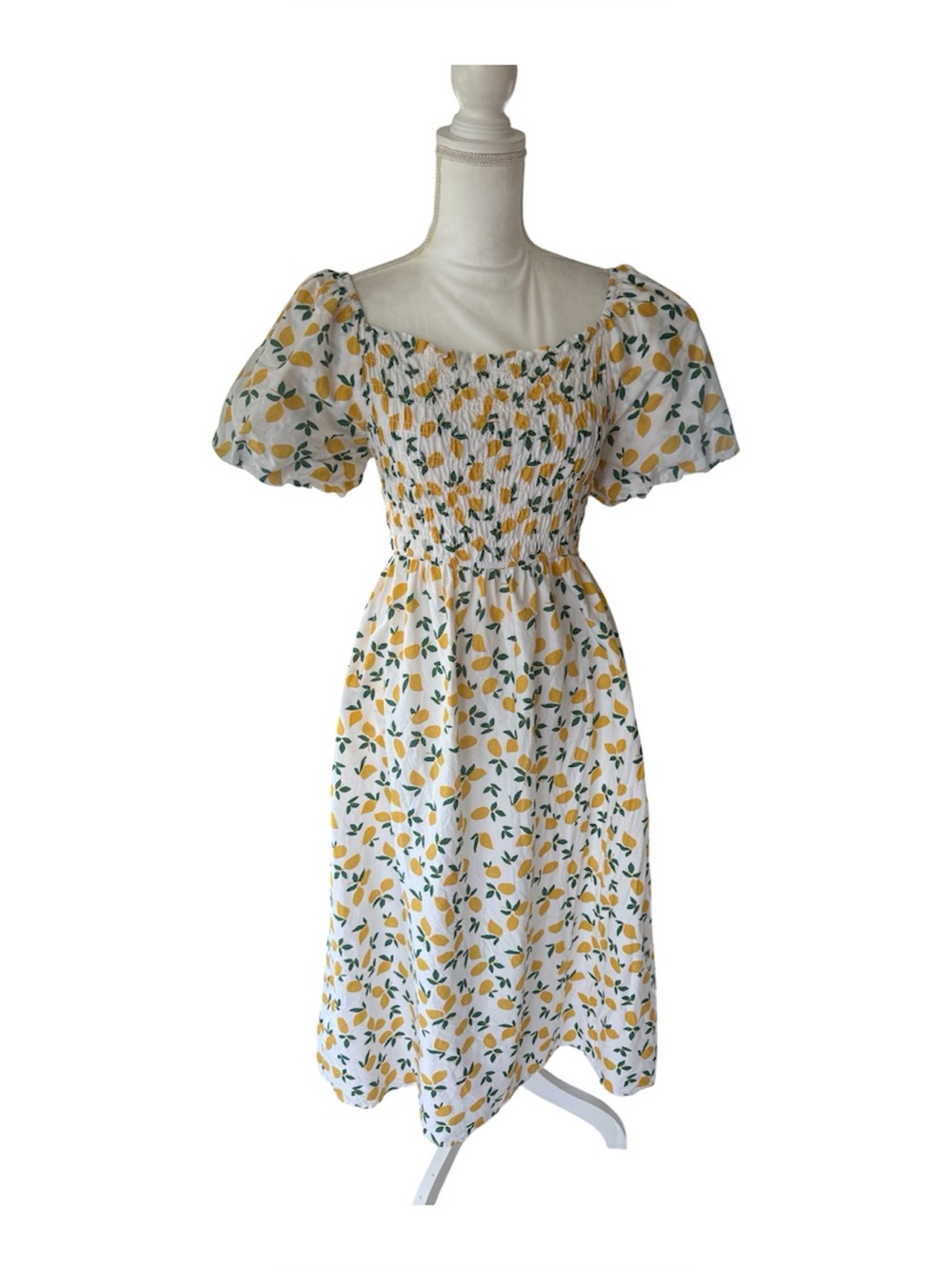 Ana & Rose yellow lemons puff sleeve maxi dress smocked summer coquette womens